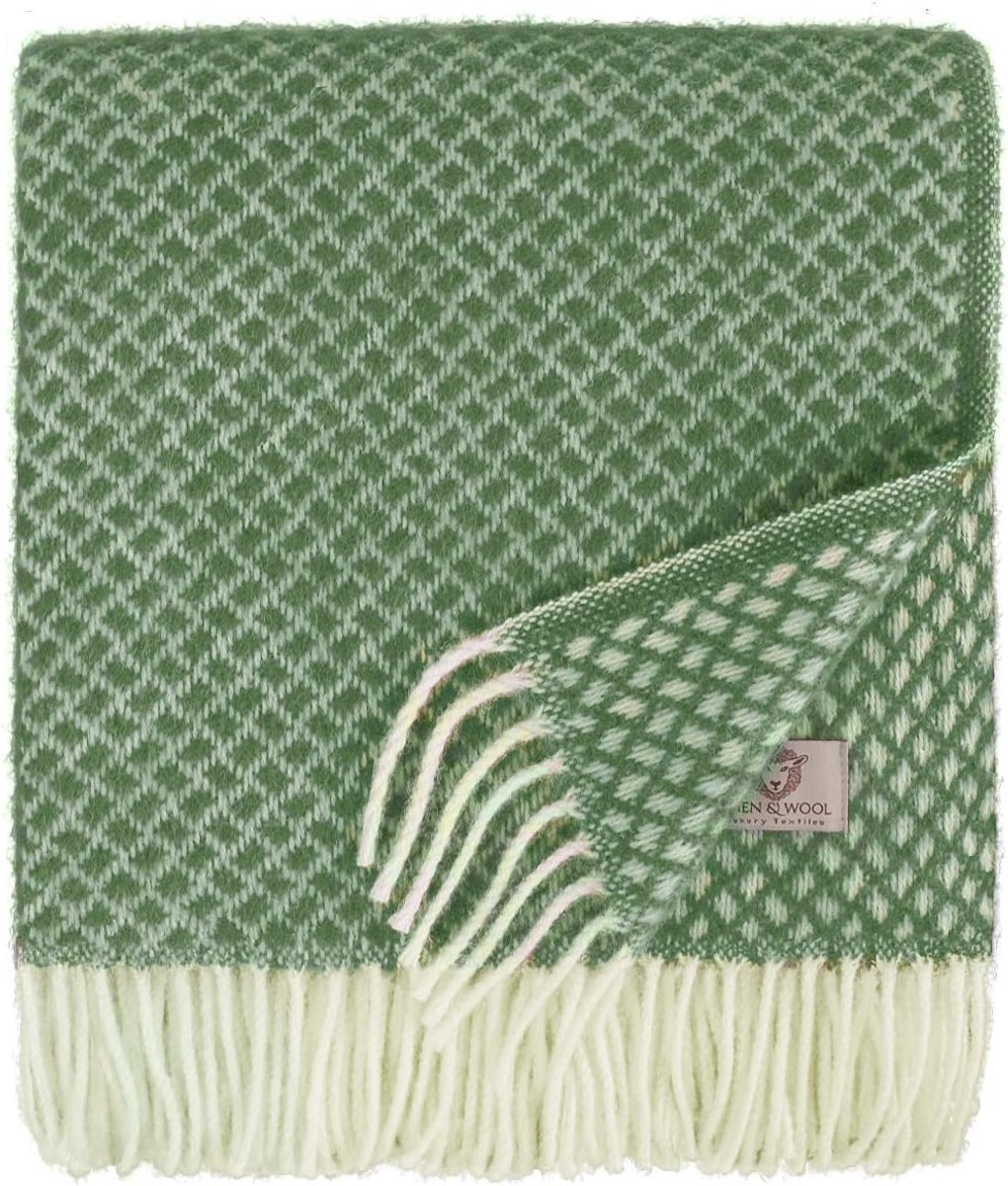 & Cotton Zachte Warme Wollen Deken Woondeken Dagdeken Sofia - 100% Nieuw-Zeelandse Wol, Agave Groen (130 x 170 cm) Plaid Gooi Sprei Bank Bed Slaapbank Woonkamer Bankdeken Winterdeken Scheerwol