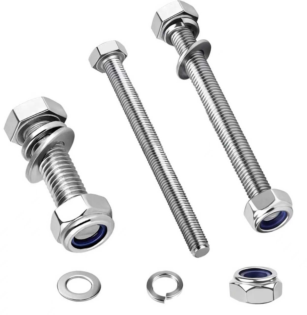 moerenset, 20 stuks, M8 x 50 mm, roestvrij staal, A2 V2A machineschroeven, roestvrijstalen schroeven, zeskantmoeren, sluitringen en veerringen voor doe-het-zelf meubels en