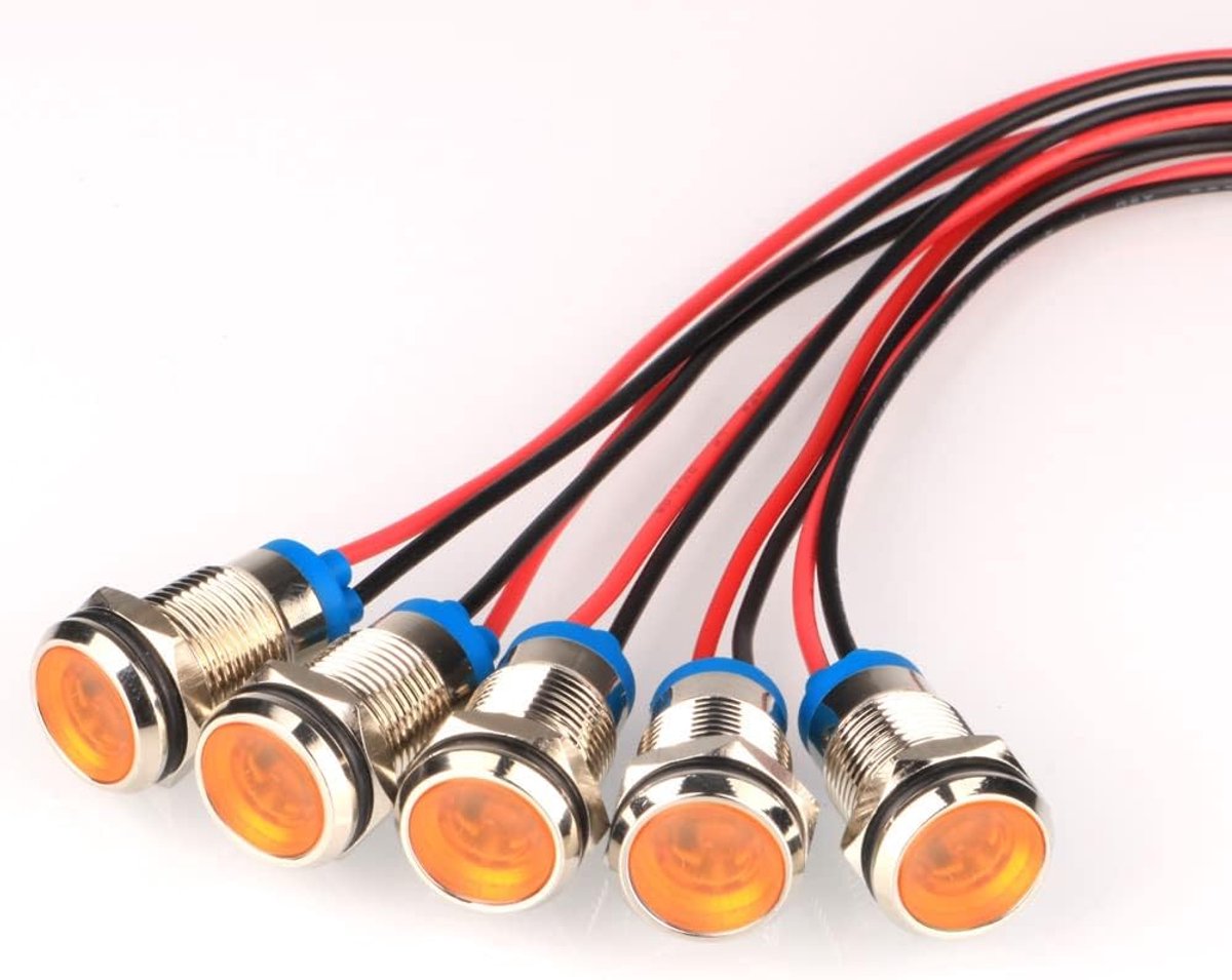 5stks Geel AC/DC 12-24V LED Metalen Indicator Licht Waterdichte Signaal Lamp Pilot Dash Directional met Draad(10mm)