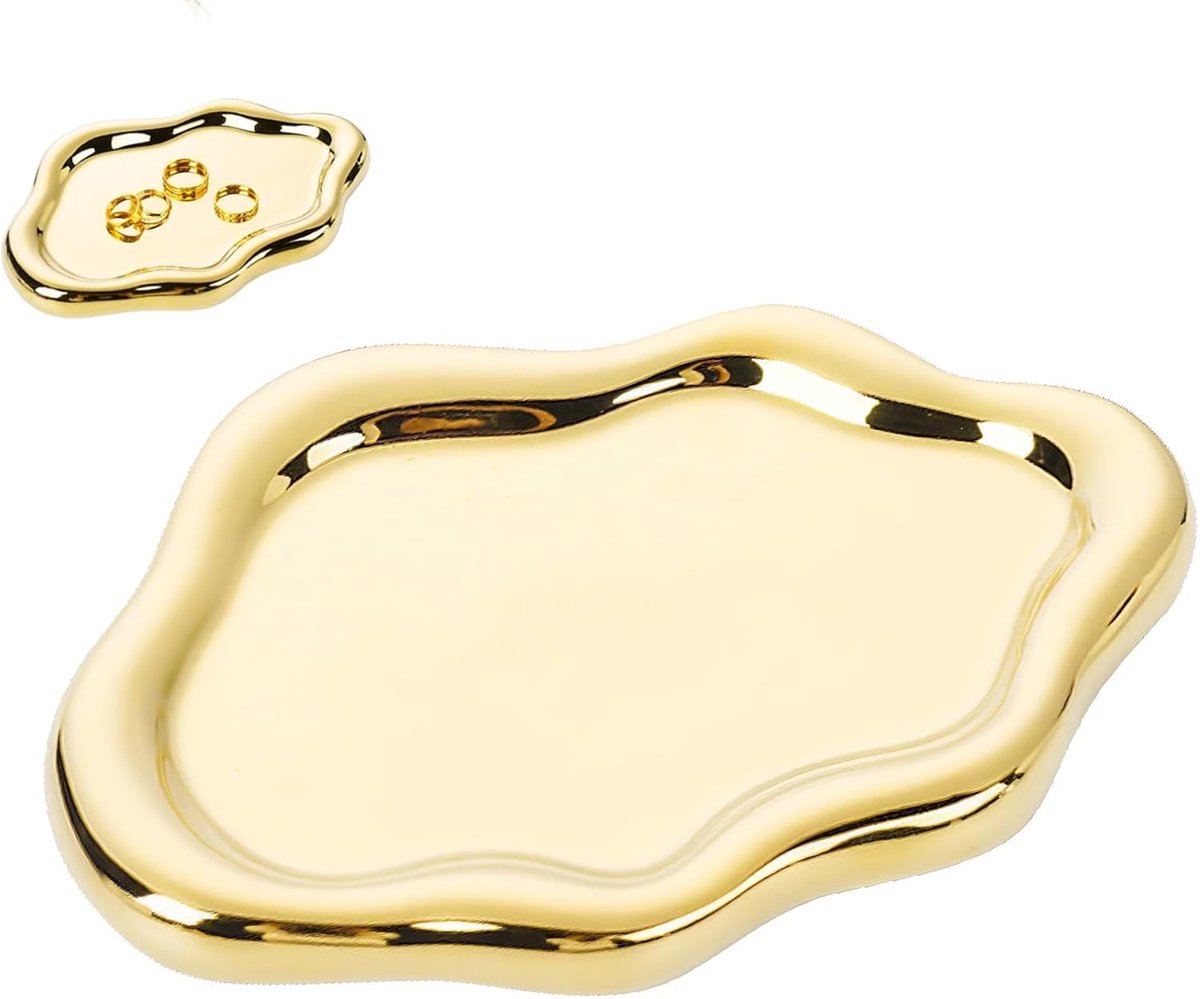 Sieradendoosje van keramiek, bordring van keramiek, schoteltje in wolkenvorm, decoratief sieradendoosje, geschikt voor alle soorten sieraden, ideaal als cadeau (goud)
