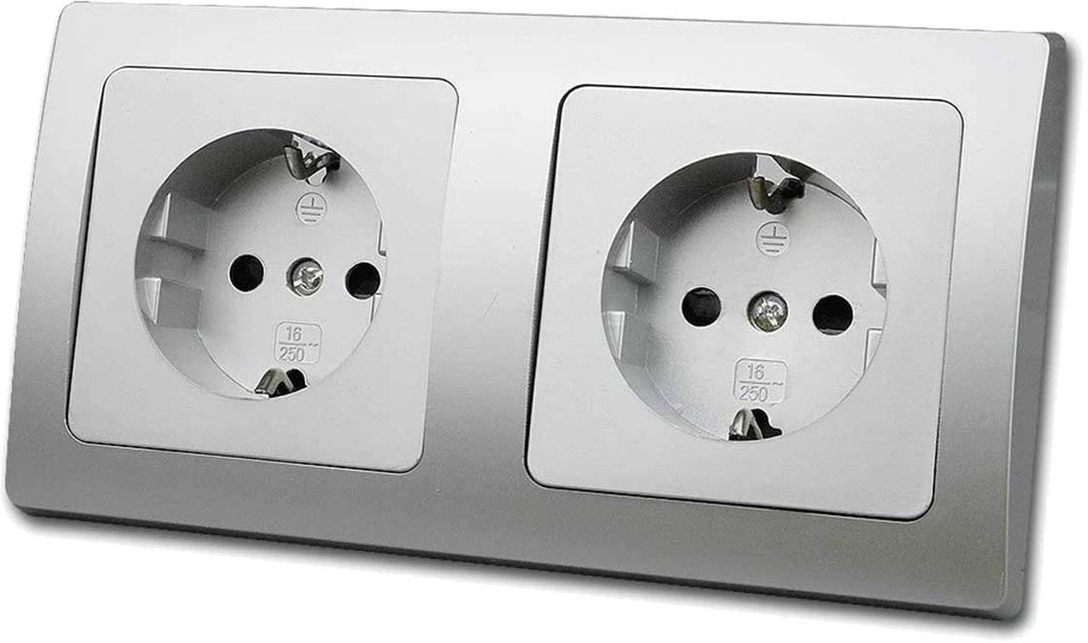 Dubbel stopcontact, zilvergrijs, 250 V/16 A, inbouw, geaard stopcontact, contactbeveiliging, 2-voudig stopcontact, inbouwmontage