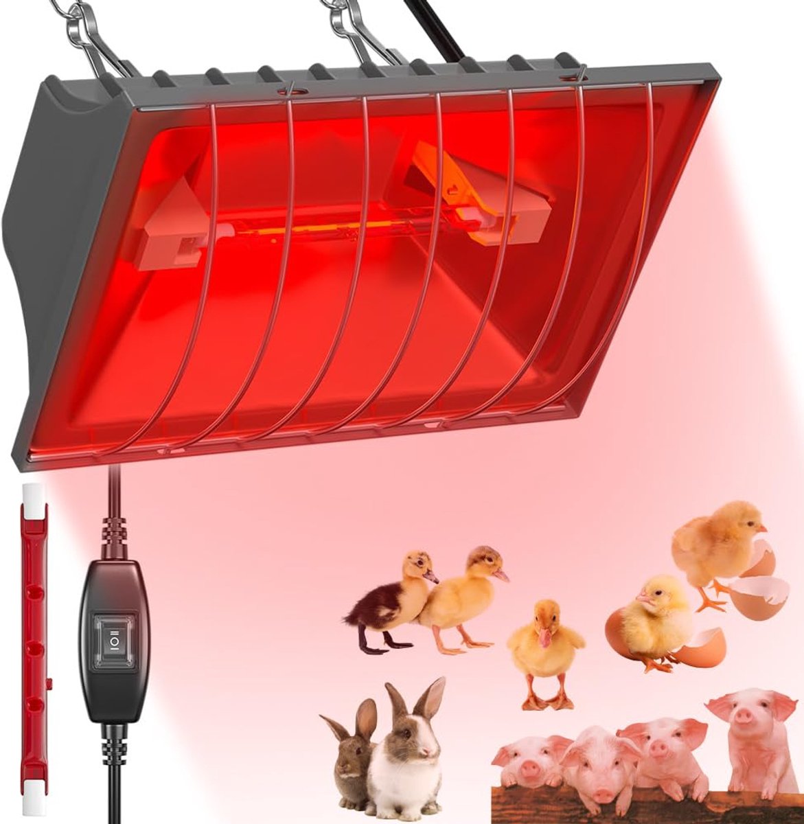 Warmtelamp voor kuikens, 250 W, verwarmingslamp, kippenhok, verwarming, 1,8 m kabel, thermostatische infraroodlamp, warmtelamp dieren voor kippen, eenden, puppy's