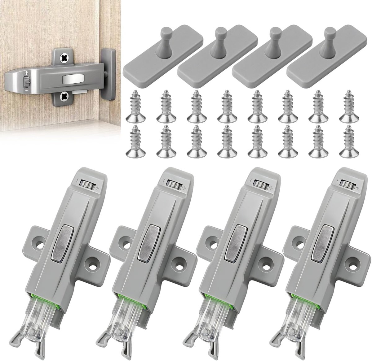 4 Stuks Push to Open Deuropener, ABS Druksluiting Kastdeur, Greeploos Deursysteem met Montagemateriaal voor Kasten, Garderobes en Boekenkasten (Grijs)