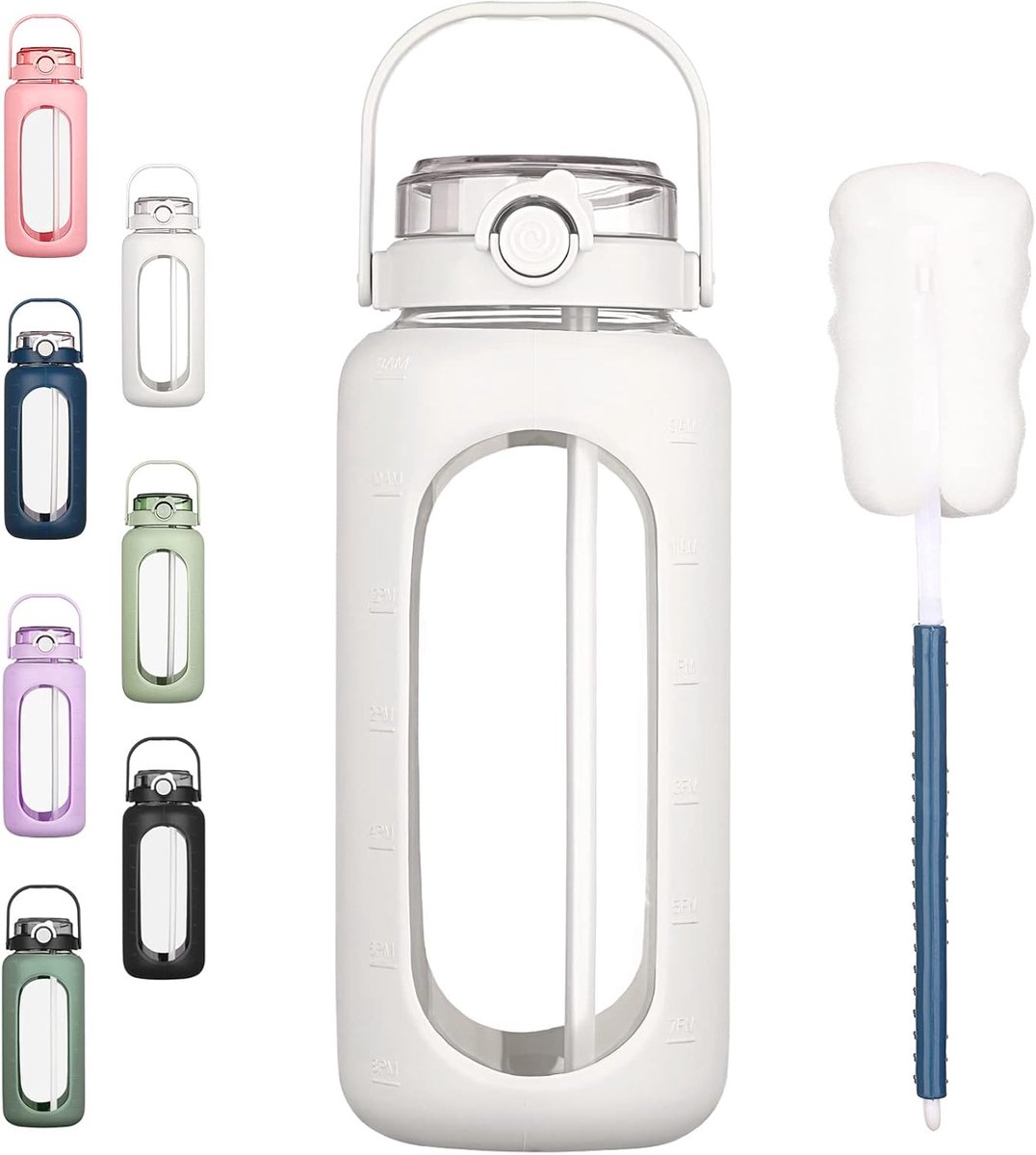 Waterflessen met rietje tijdmarkering, halve gallon grote motiverende waterfles met siliconen hoes 2 liter grote glazen waterfles voor sportschool, sport en training, dagelijks