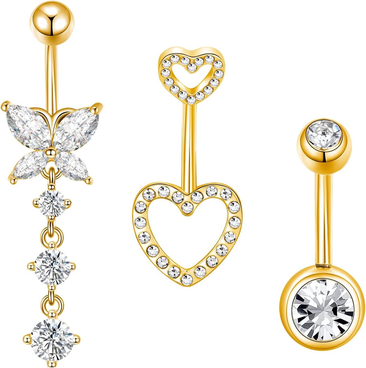 14G Navelpiercing Chirurgisch Staal Navelpiercing Goud En Zilver Glanzende Hanger Cz Hart Vlinder Navelpiercing Ring Piercing Sieraden