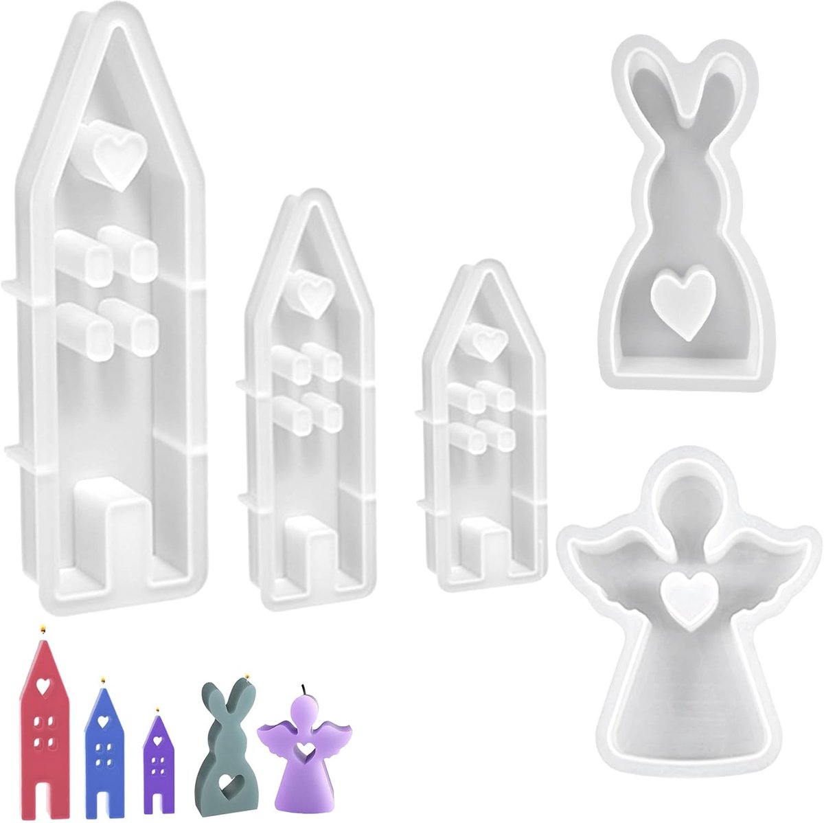 5 stuks Pasen Kaars Mould Set | Herbruikbare 3D-huizen kaarsvorm met konijn siliconen mal en engel siliconen mal voor sojawas, kaarsen, zeep, gips, handwerk