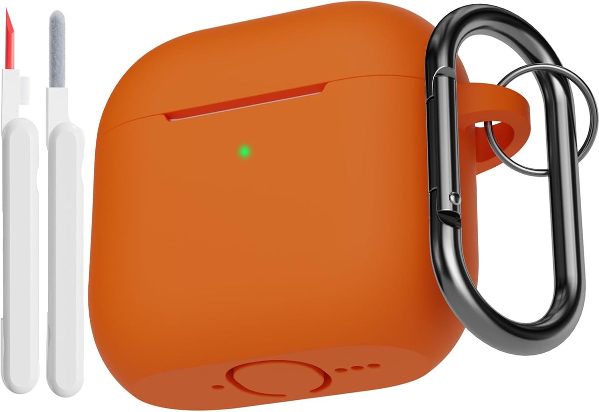 Hoes compatibel voor AirPods 4e generatie met reinigingsset, zachte siliconen full body schokabsorberende beschermhoes voor Airpods 4 2024 met reinigingspen en karabijnhaak, oranje