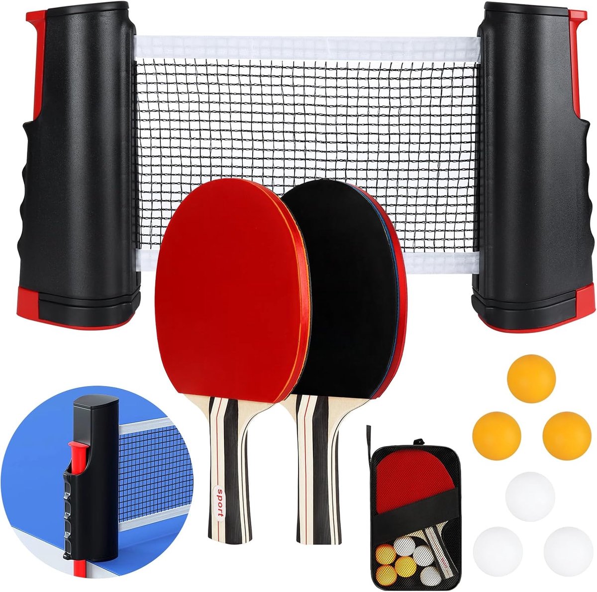 Tafeltennisset,2 Tafeltennisbatjes,6 Tafeltennisballen,Uitschuifbaar Tafeltennisnet en Draagtas,Draagbare Set voor Beginners en Gevorderden,Ideaal voor Binnen- en Buitenspellen