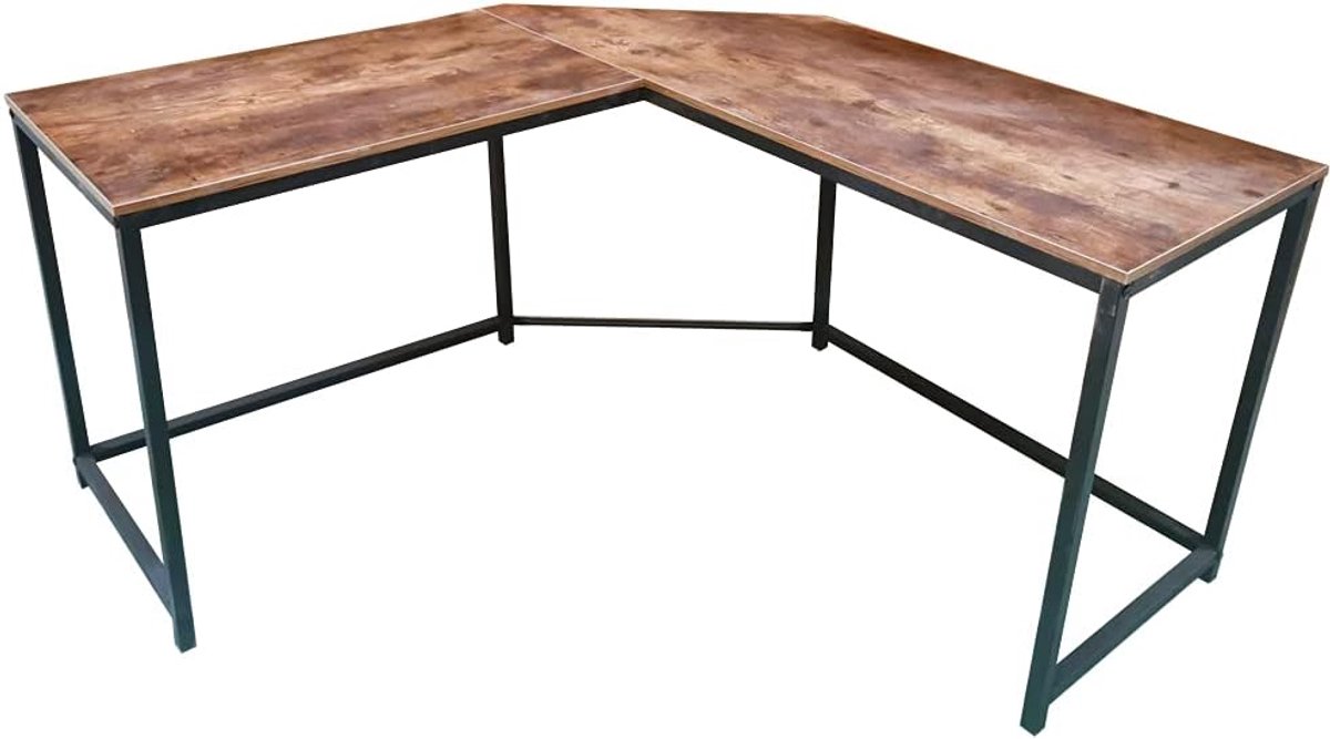 Stoer - L-vormige computertafel - industrieel vintage - zwart metaal met bruin hout