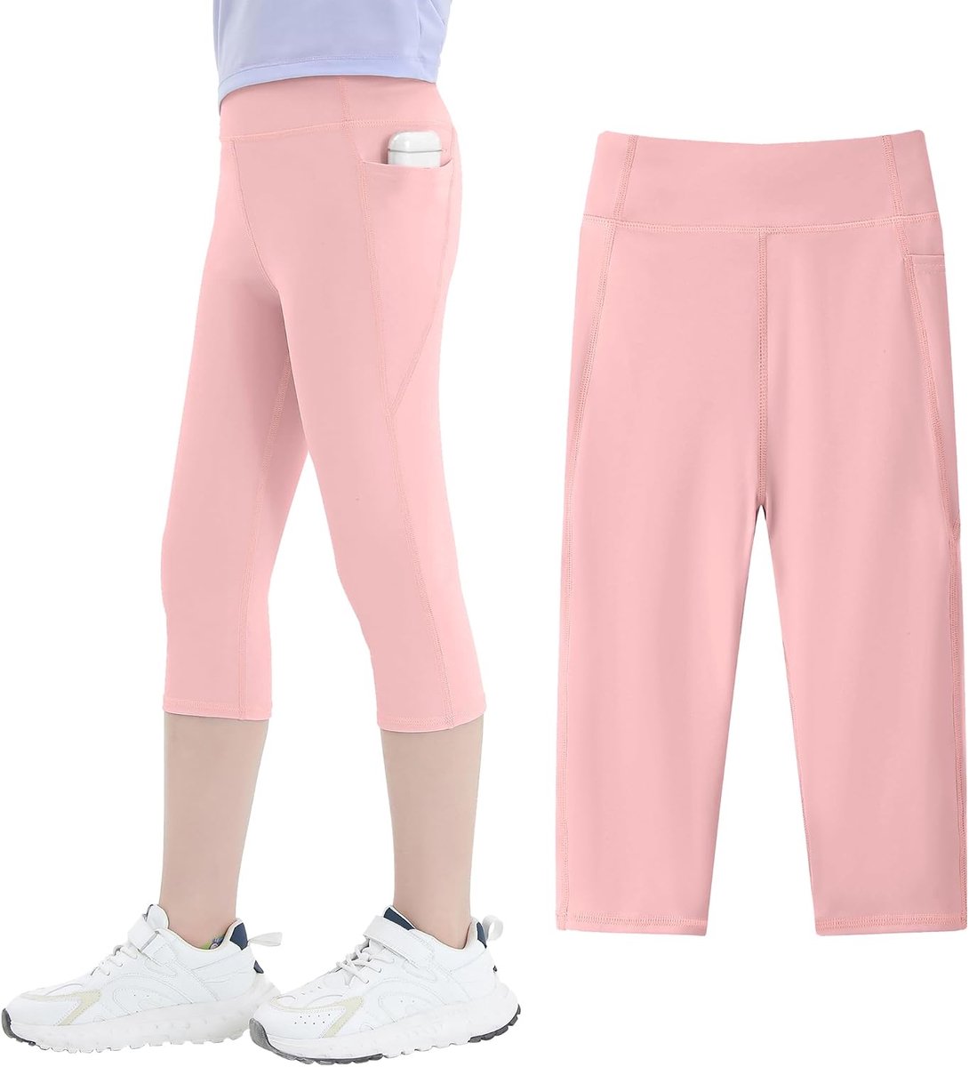 Sport Legging Meisjes Capri 3/4 Sportbroek met Zakken Hoge Taille Kids Yoga Leggings Knielengte Joggingbroek Elastische Eenkleurige Legging voor Fitness Gym Dans, 5-11 Jaar, GR.110-152