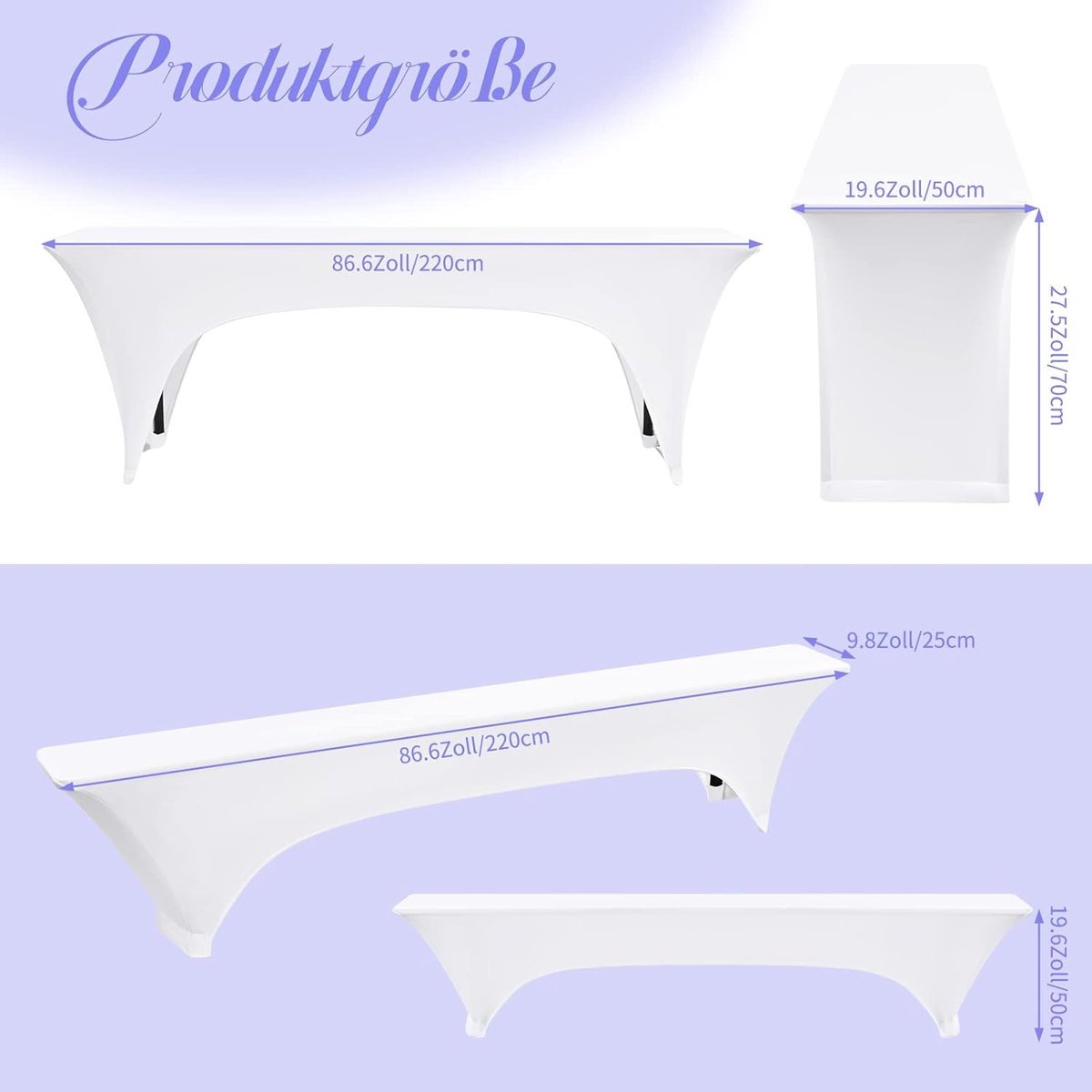set van 6 witte biertafelhoezen, elastische bierbankhoezen en tafelkleden, biertentgarnituren 220 x 50 x 80 cm, 50 cm tafelbreedte, voor banket, tuinmeubelhoezen
