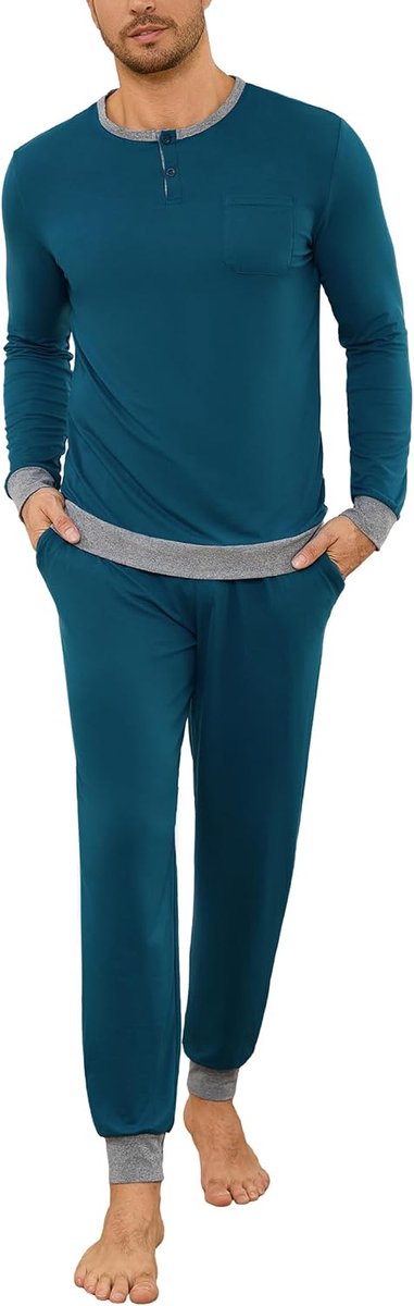 Pyjama voor heren, lang, met manchetten, contrasterende kleuren, katoenen pyjamaset, lange mouwen, nachtkleding, S-4XL