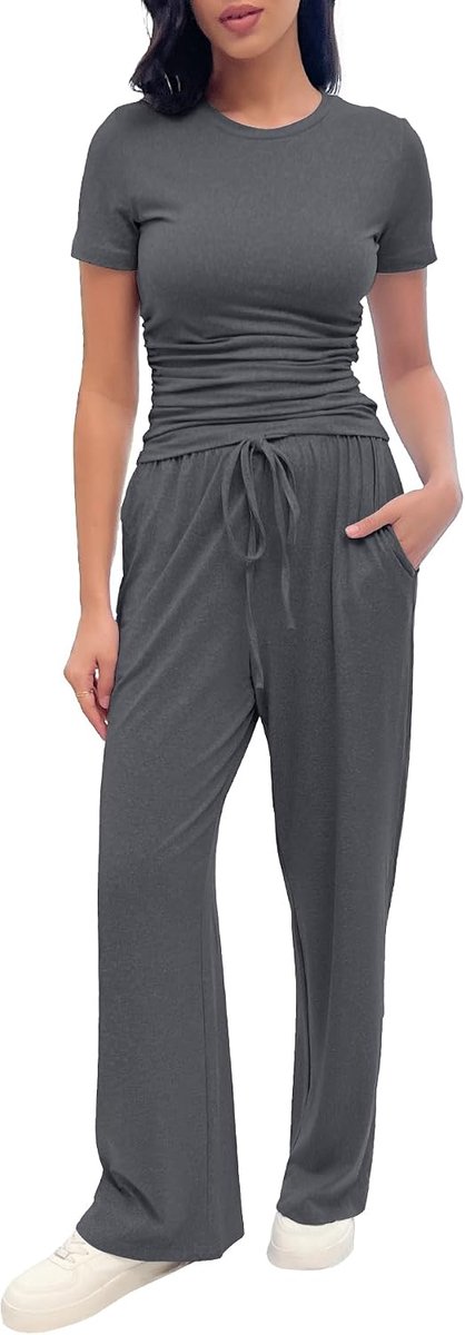 set voor dames, 2-delig, zacht, rekbaar, top met korte mouwen, broek met trekkoord en zakken, voor thuis of op reis