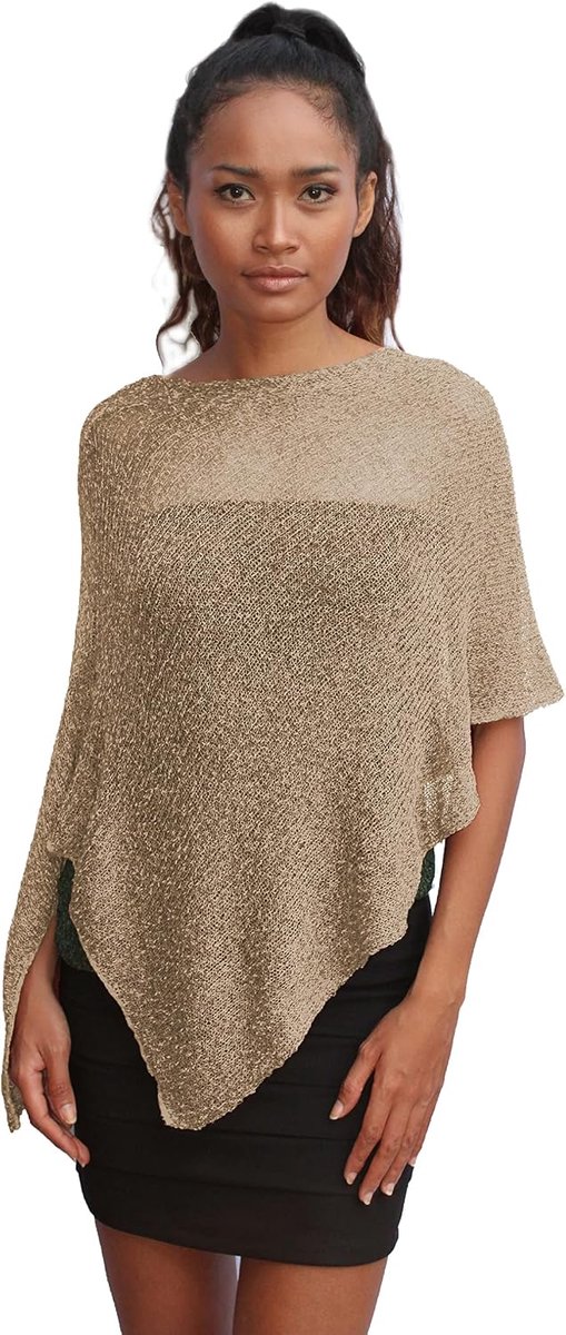 Poncho voor dames, elegant, voor ceremonie of avond, poncho voor dames, zomer en lente, van thermisch viscose-net, met kersenbloesem-essentie, zandgoud, Eén maat