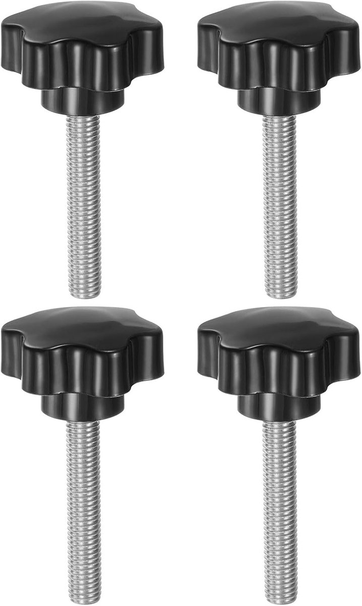 4 stuks sterknoppen M10 x 60 mm schroefdraad van roestvrij staal 304 46 mm kunststof spanknop gekartelde kopschroef handmatige 6-sterren schroef handvat, zwart
