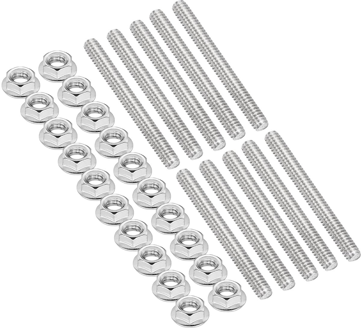 10 stuks draadstangen 1/4 inch-20 x 60 mm met zeskantmoeren, 304 roestvrij staal, volledige draadstangen, rechtse schroefdraad met 20 stuks kraagmoeren, zilvertint