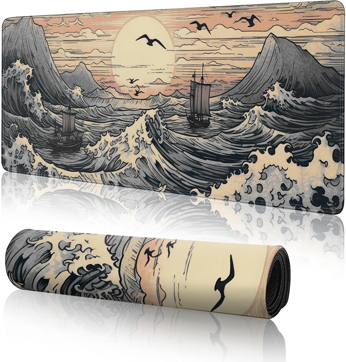 Gaming muismat XL 31,5 x 11,8 cm - Japanse golven design - antislip basis - perfecte bureauonderlegger - ShopVlot