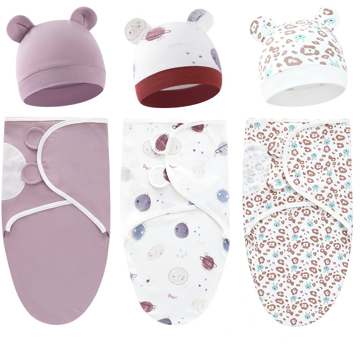 Set van 3 babywikkeldekens, 100% katoen, zacht en ademend, met schattige capuchons. Geschikt voor baby's van 0-3 maanden en pasgeborenen om schrikreacties te voorkomen,Set 13