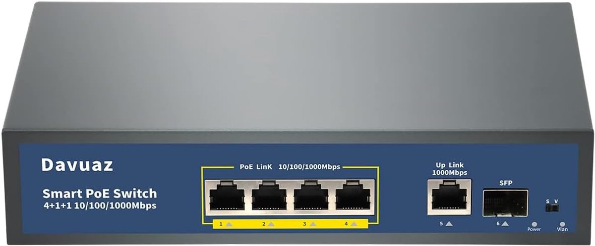 Gigabit PoE switch met 4 POE+ poorten - 1 Gigabit uplink poort - 1 SFP poort - ideaal voor netwerkbeheer - ShopVlot