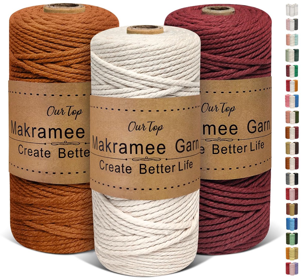 Macramégaren 3-delige set 3 mm x 100 m - natuur, karamel, bordeauxrood - ideaal voor plantenhangers en decoraties - ShopVlot