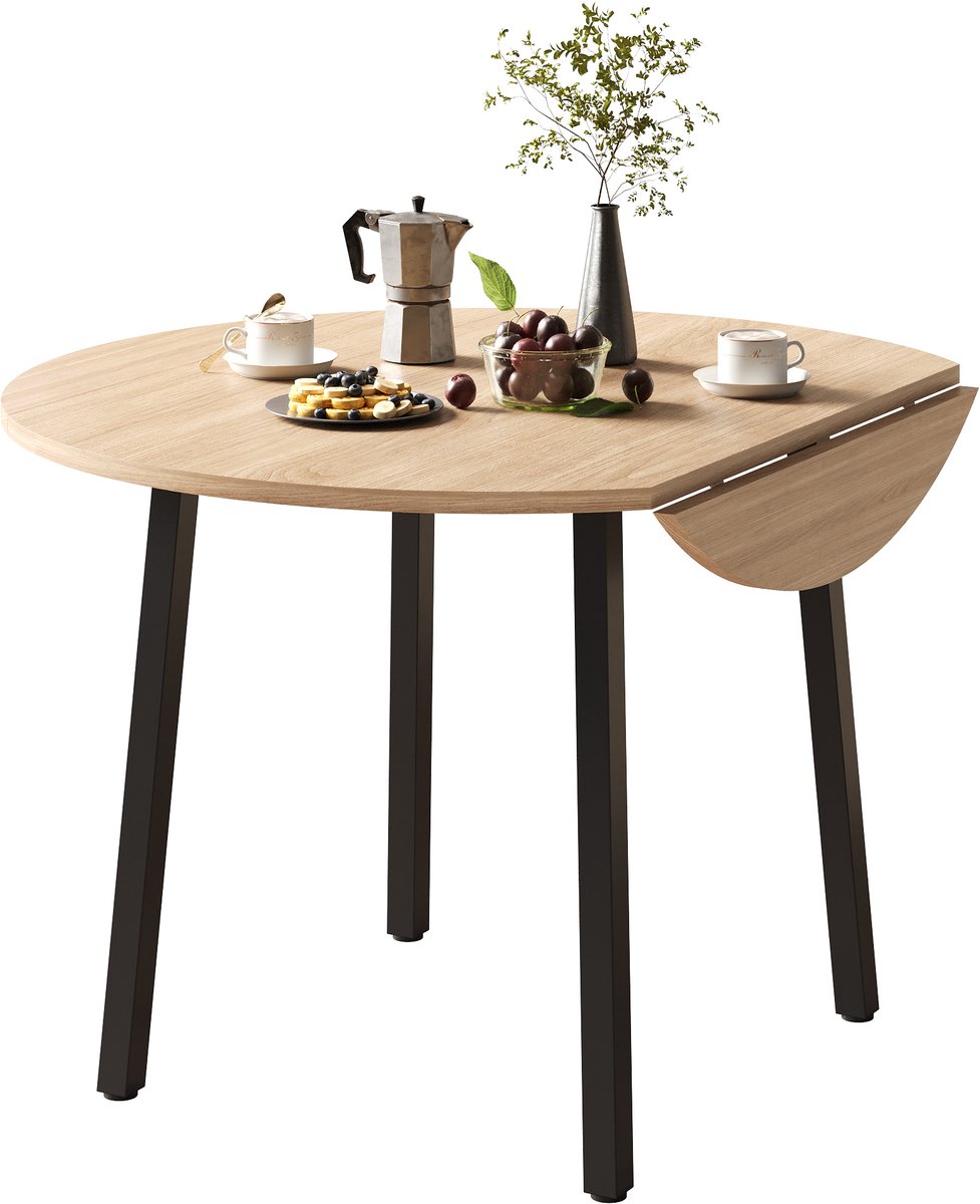 Opvouwbare Eettafel Rond - 100x100 cm Houten Look - Ruimtebesparende Klaptafel Met Metalen Poten - Moderne Keukentafel Voor 2-4 Personen - Scandinavische Tafel Voor Kleine Ruimtes