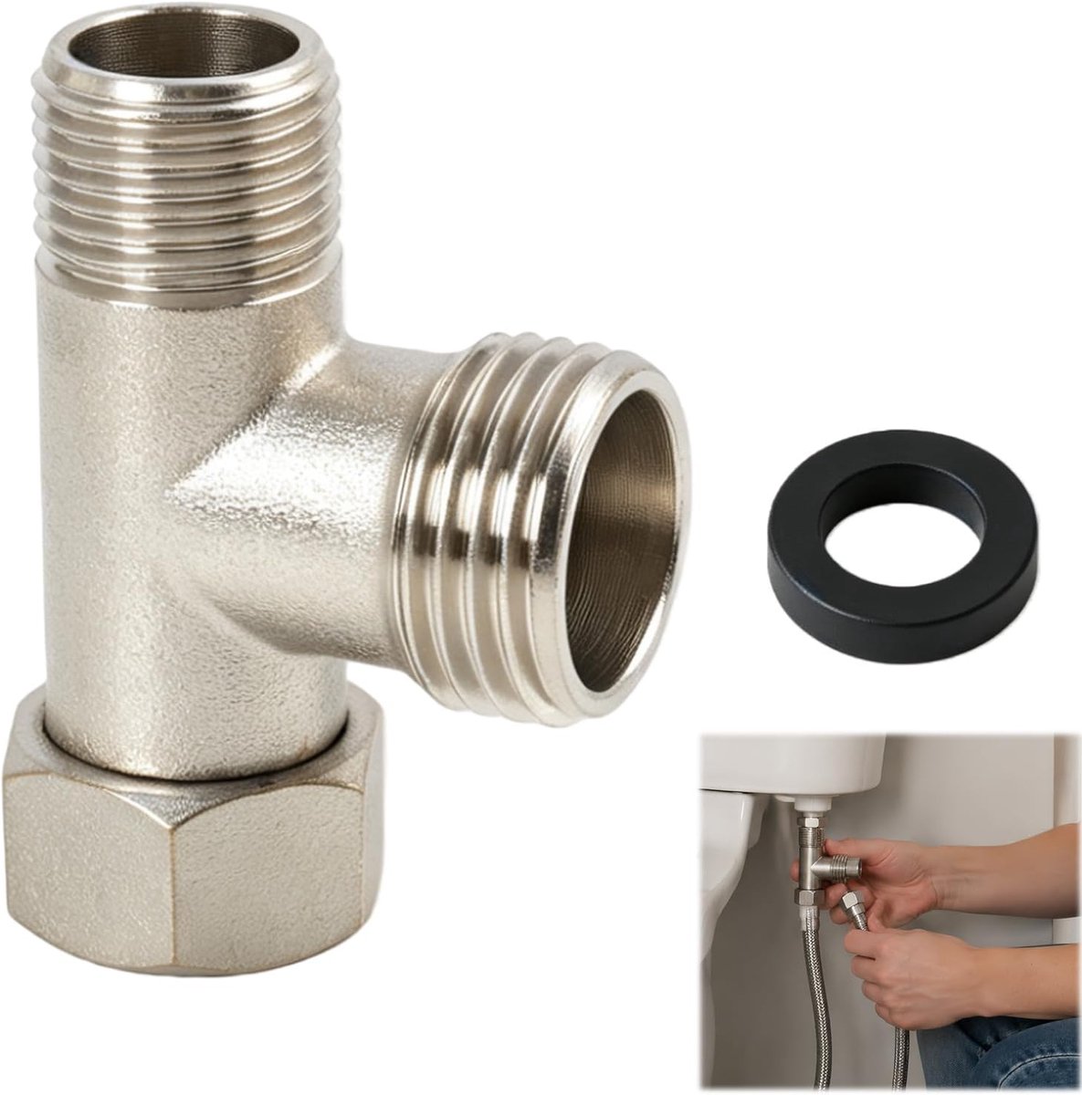 3-way T-verbinding 3/8 inch - messing met zijkoppeling 1/2 inch - lekdichte omkeerbare klep - ShopVlot