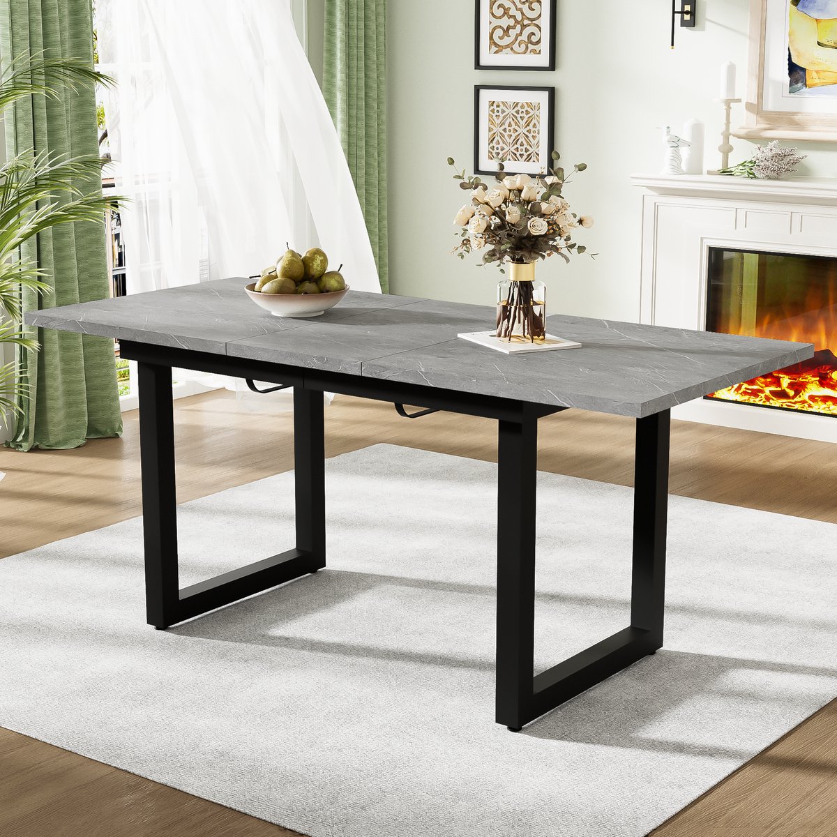 Uitbreidbare Eettafel 140/180x80x75 cm - Industriële Eettafel Met Stalen Frame En Betonlook MDF - Grijs Zwart