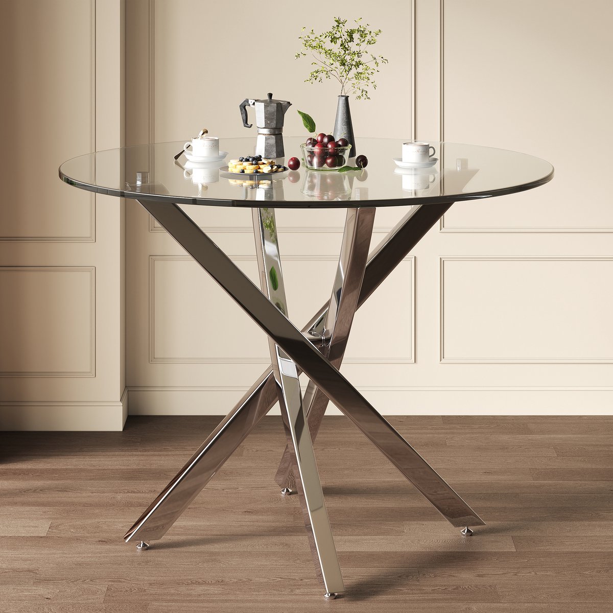 Ronde Eettafel 80 cm - Moderne Glazen Tafel Met Metalen Poten - Compacte Eettafel Voor Keuken, Woonkamer En Eethoek