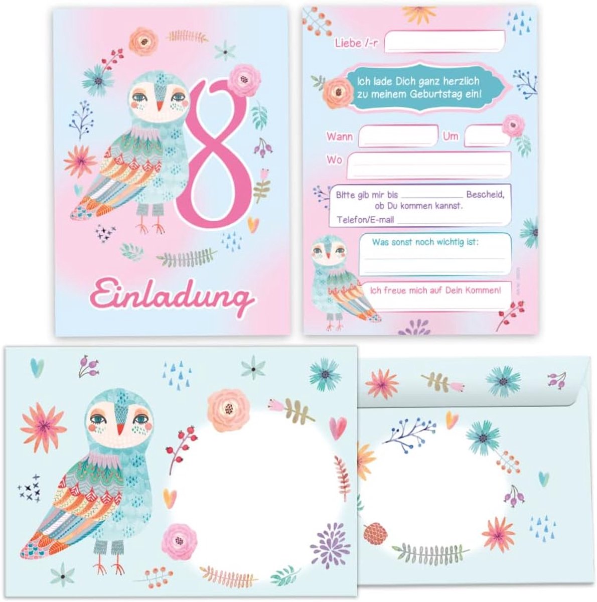 uitnodigingskaarten 12 stuks - 8e verjaardag meisje - uil ontwerp - praktische invulvelden - ShopVlot