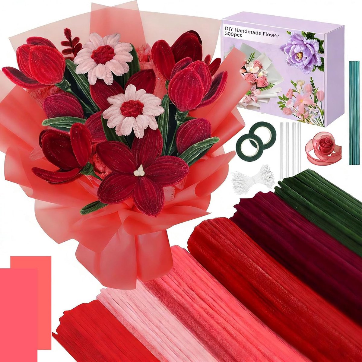 Pijpenreiniger 500 stuks - Roze bloemen set - Knutselmateriaal met kleefband - Perfect voor DIY projecten - ShopVlot