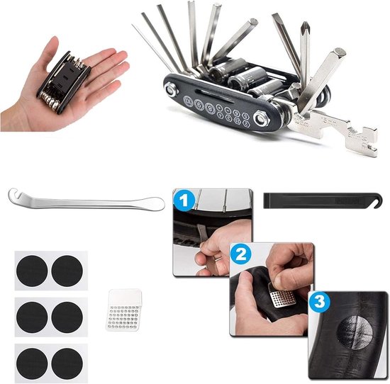 Fiets reparatieset - Bandenset gereedschap - Onderweg repareren - 16-delige set - Universeel - Zwart van fiets — afbeelding 3