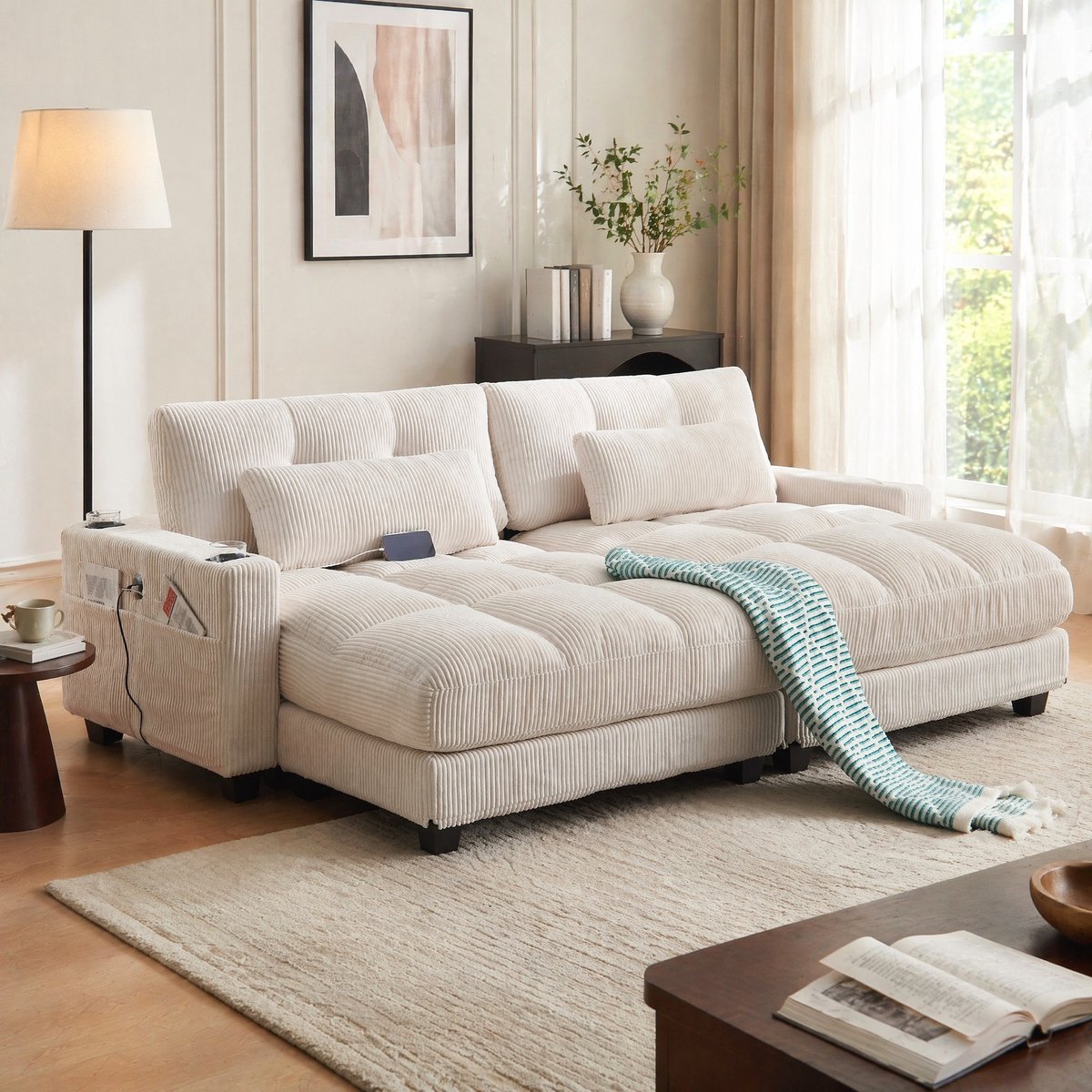 MEUNIQ beige fauteuil met gestreepte corduroy bekleding, armleuningen, bekerhouders, zijvak en USB-aansluiting, 140 x 112 x 81 cm