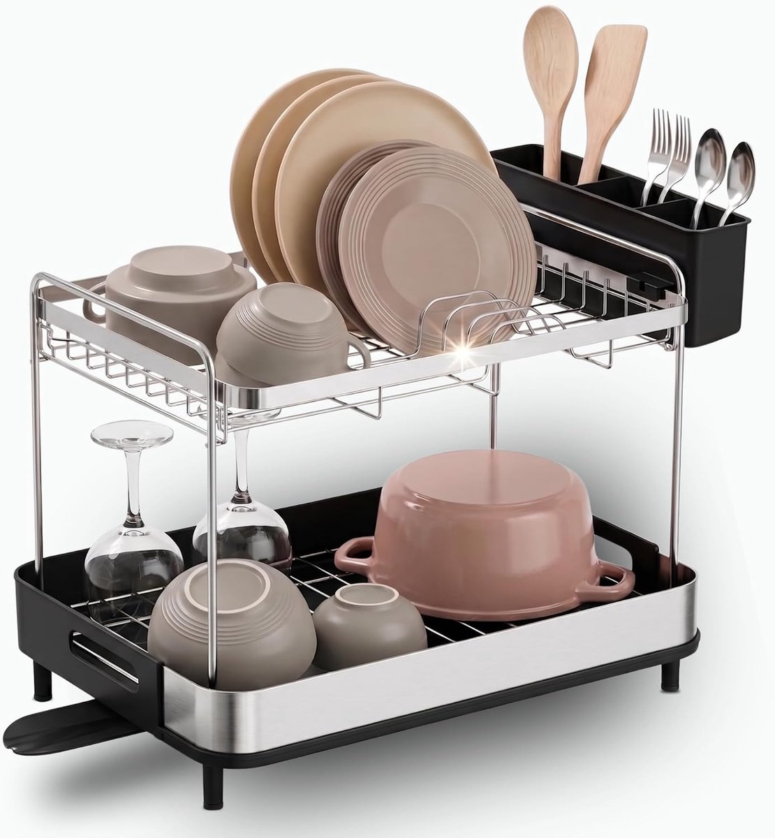 Drainer (High-Tower (2 levels), black - 2-laags afdruiprek, grote capaciteit, roestvrij staal, BPA-vrij kunststof - ShopVlot