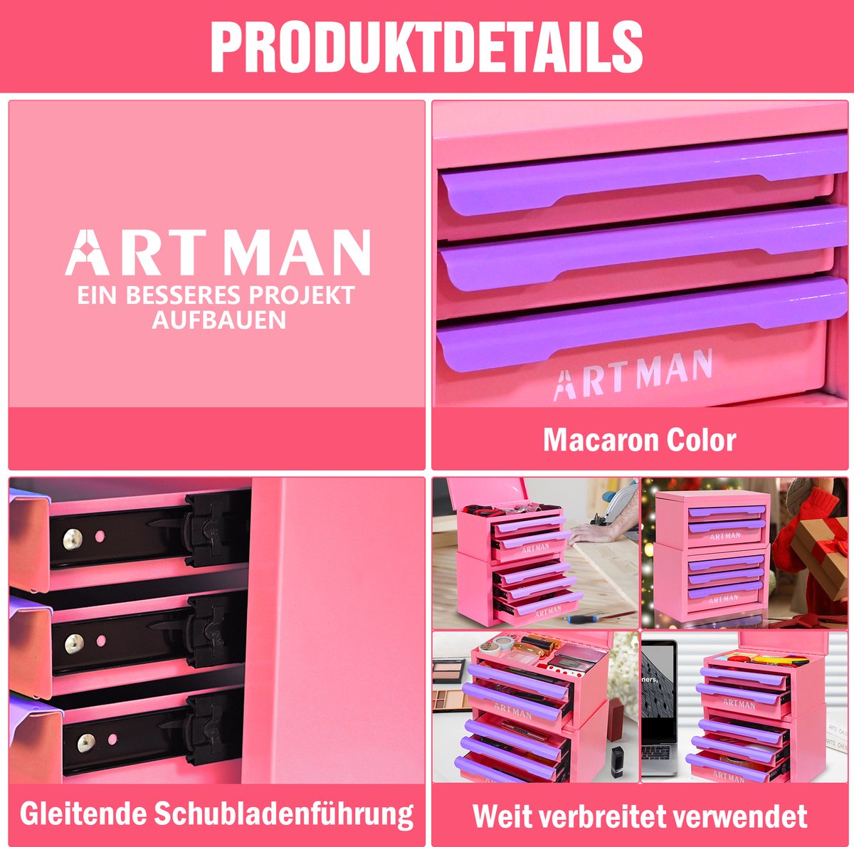 REDOM - Sorteerbak - 5 laden - Stapelbaar tafelmodel - Voor bureau en kaptafel - Staal - Roze en Paars - 28,5 x 15,8 x 32 cm