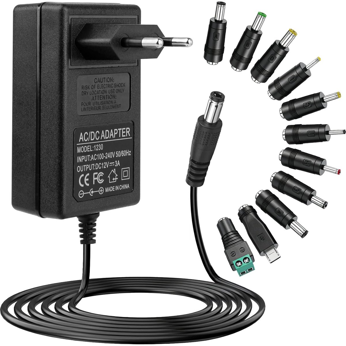 Universal Power Adapter, 12 V, 3 A, 36 W, Transformer AC-DC 100-240 V with 11 Interchangeable Connectors for LED - ShopVlot