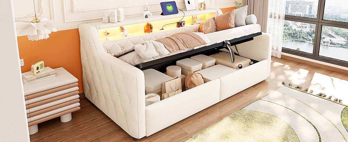 STILVORA Bed 90x200 cm – Eenpersoonsbed Met LED & USB-C – Hydraulische Opbergruimte – Voor Slaapkamer – Stof En MDF – Beige – Zonder Matras