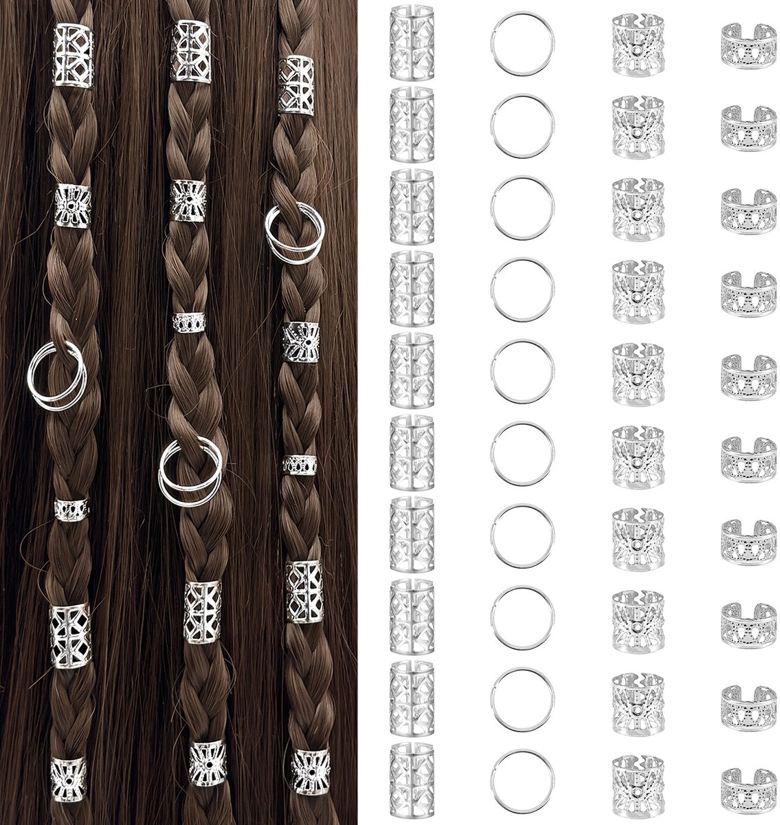 Dreadlock haarringen oorklemmen - 80 stuks antiek stijl decoratieve haaraccessoires universeel voor kapselopmaak en dagelijkse sieradencombinatie-Zilver