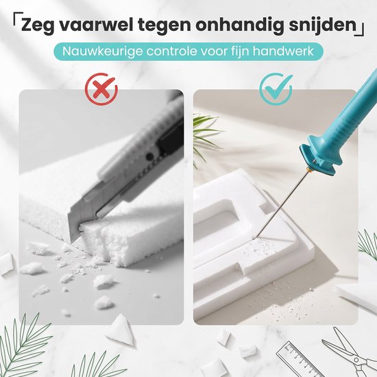 Snijgereedschap met een rood kruis en een groen vinkje, naast elkaar om de voor- en nadelen van het snijden van schuim te tonen.