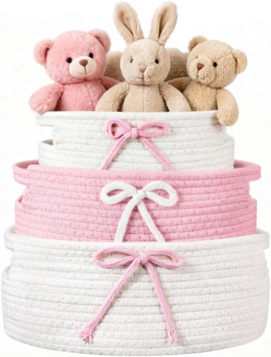 Opbergmand set van 3 - gevlochten katoen - roze en wit - decoratieve opslag voor babykamer - SnelShoppen
