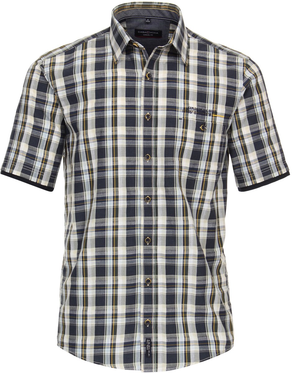 CASA MODA Sport casual fit overhemd - korte mouw - chambray - groen - donkerblauw - beige en wit geruit