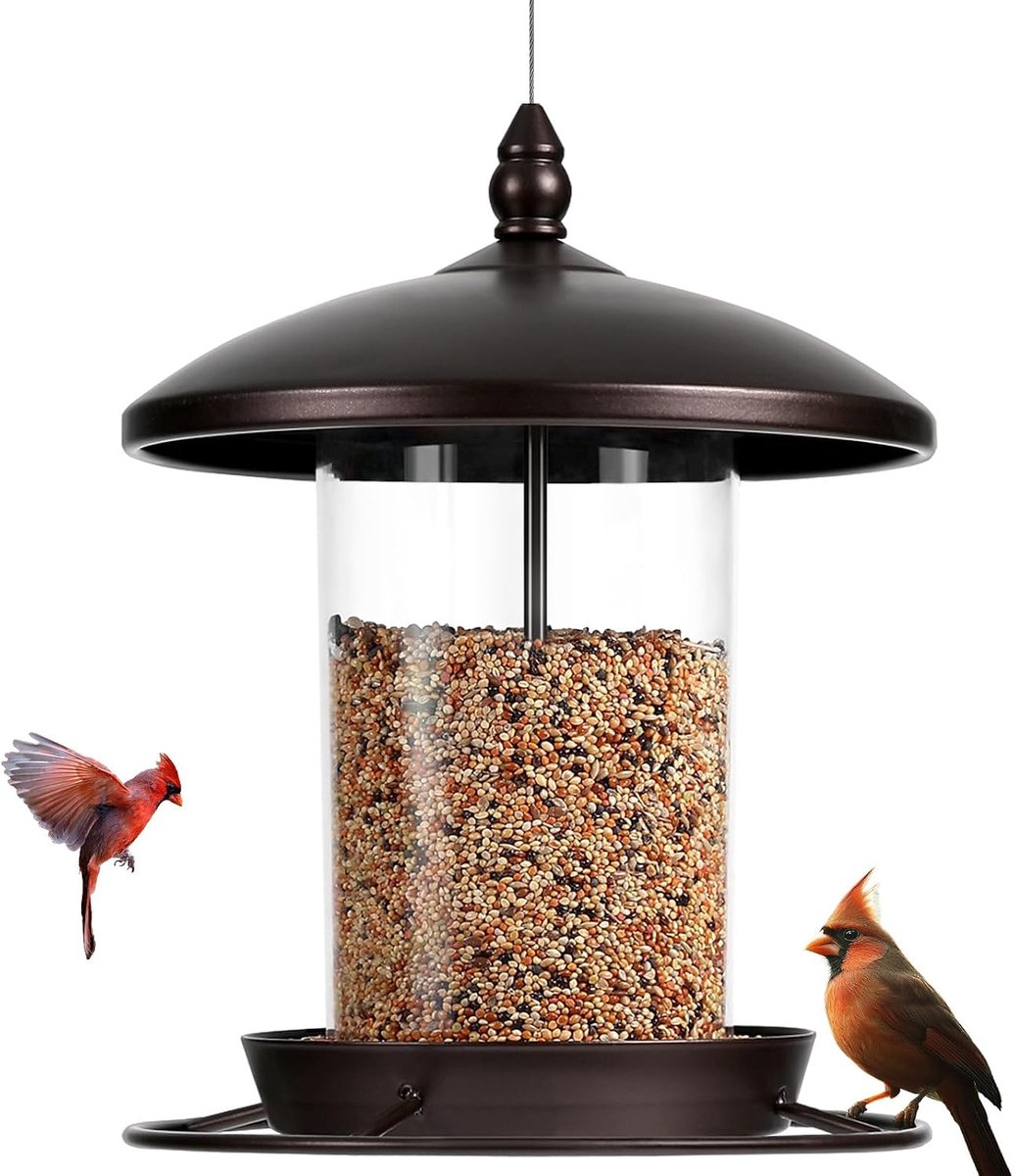 KZQ Metal vogelvoederhuisje met hoge rand en verstelbare ophanghoogte - Hangend en weerbestendig - Geschikt voor kleine vogels - Brons