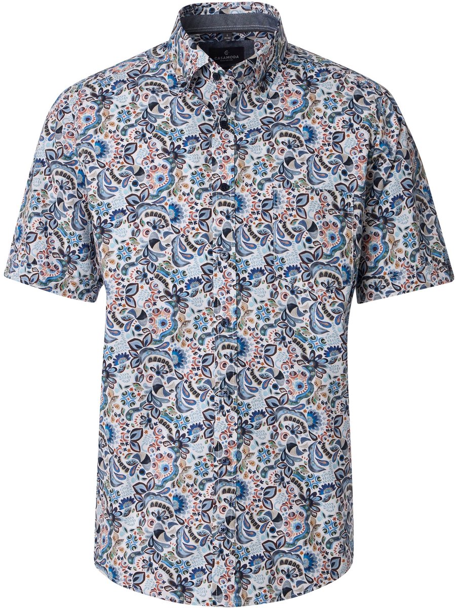 CASA MODA Sport casual fit overhemd - korte mouw - popeline - wit met blauw - groen en roestbruin dessin