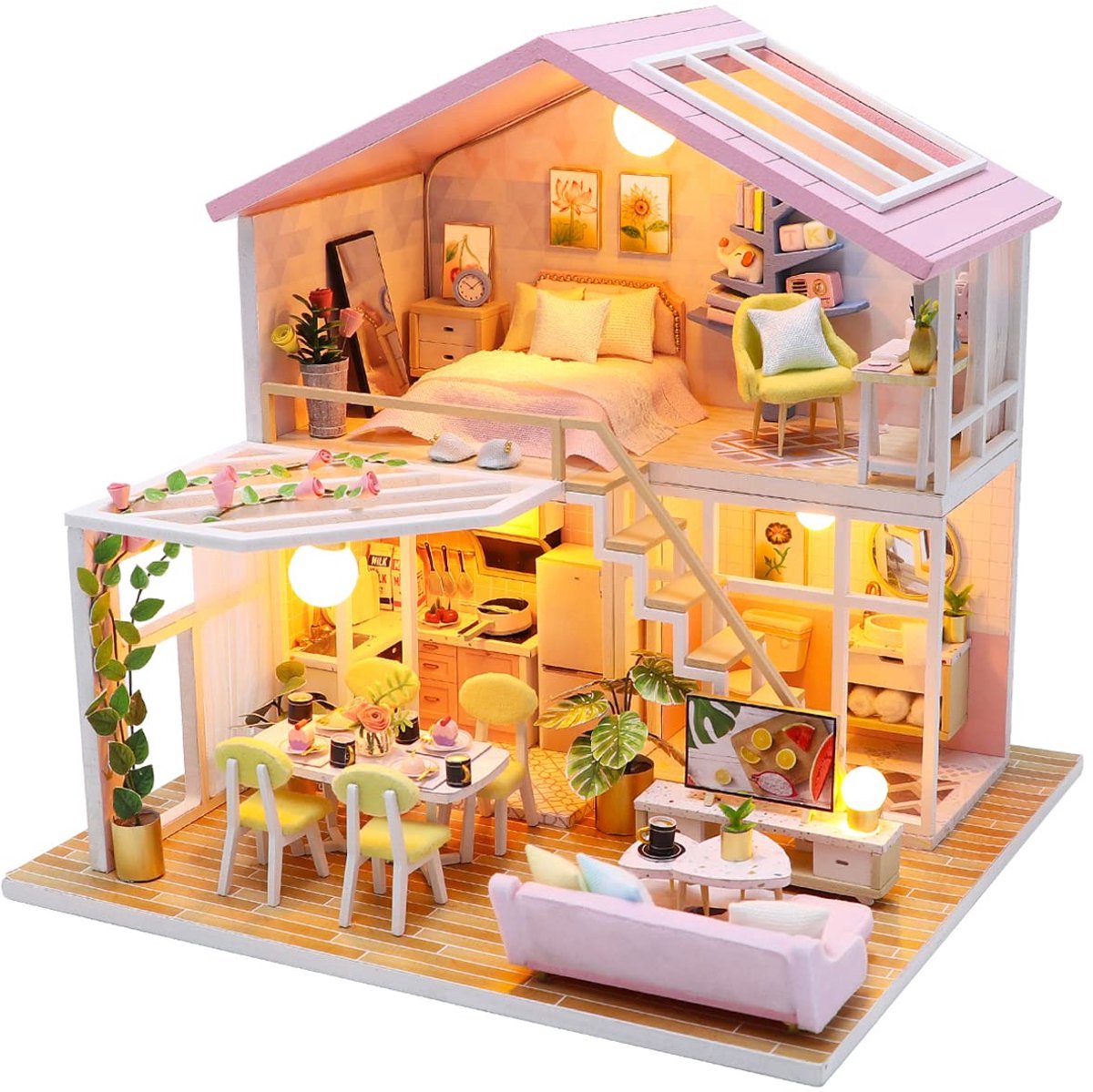 Casalora DIY Miniatuur Huis Bouwpakket - Houten Poppenhuis met LED Verlichting en Muziek - Creatieve Knutsel Set met Meubels - Decoratie Cadeau voor Volwassenen en Jongeren