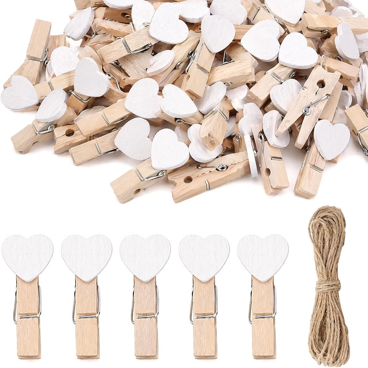 Mini-wasknijpers 3,5 cm - houten hart - 50 stuks - ideaal voor foto's en collages - ShopVlot