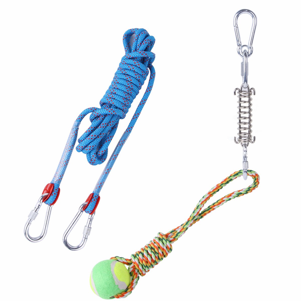 Claoner Touwtrek speelgoed hond - 5m katoenen touw - Bijtbestendig - Tandvleesverzorging - Oefening - Veerpaal hangend - Blauw