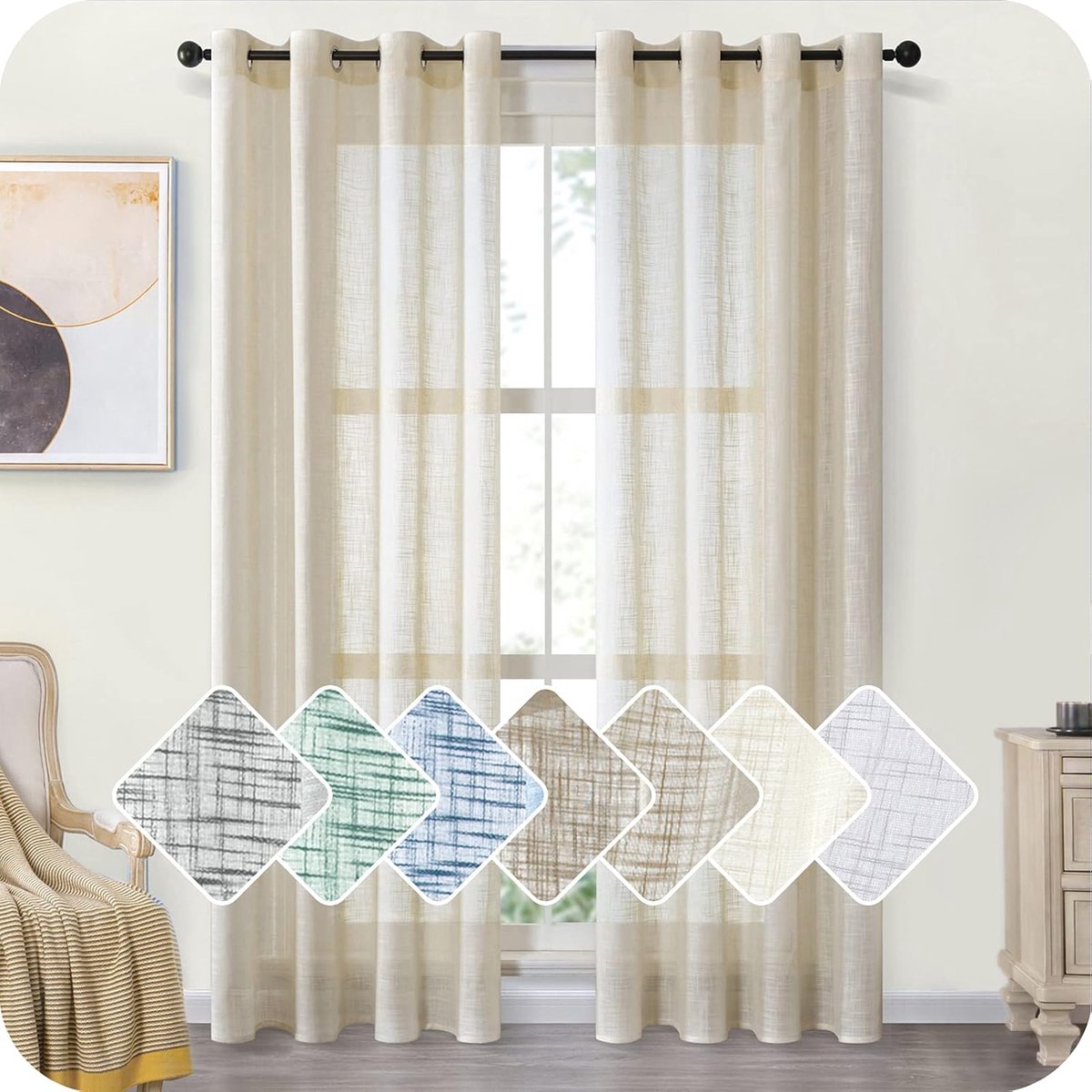 Voile gordijnen set van 2 - moderne beige 225 x 140 cm - met oogjes - ideaal voor woonkamer en slaapkamer - ShopVlot