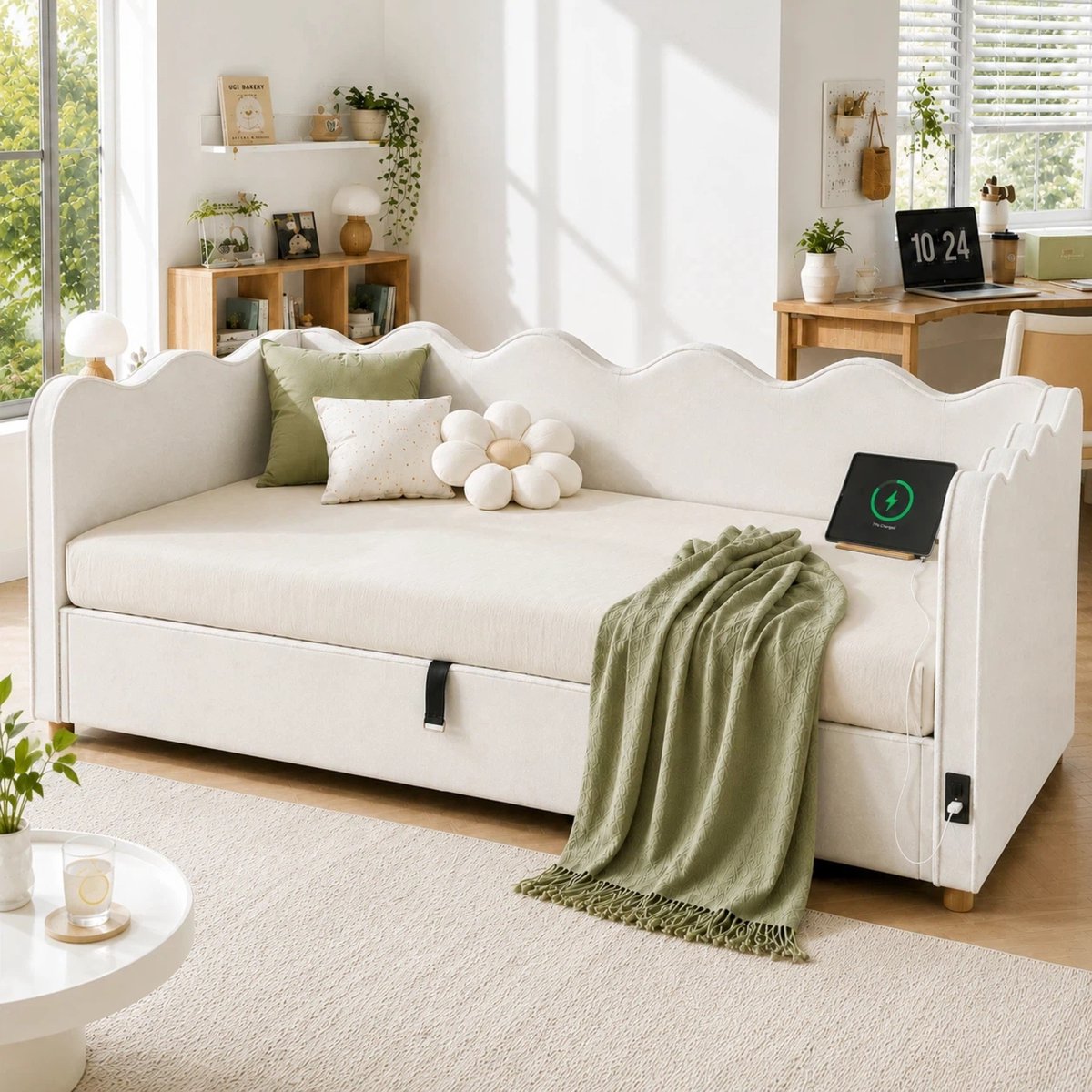 VVBV Bedbank 90x200 cm - Hydraulische Opbergruimte, USB & Type-C, Stopcontact, Gestoffeerd Hoofdbord - Beige, Fluweel
