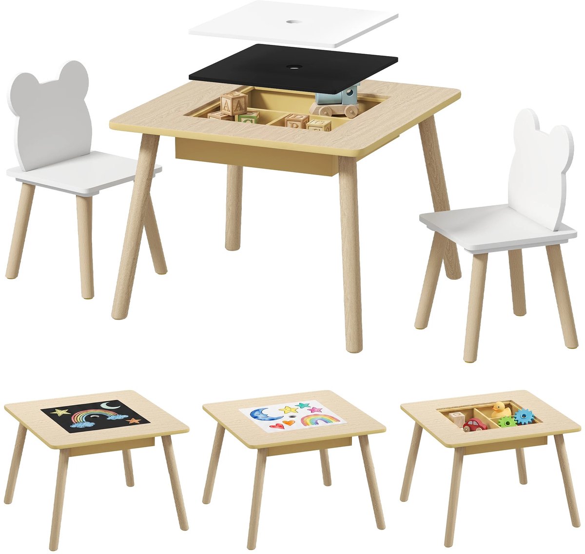 DayeLabel Kindertafel met Stoeltjes - Kinderbureau met opbergruimte - Eethoek - Peuters tafel - Speeltafel - Montessori kindertafel