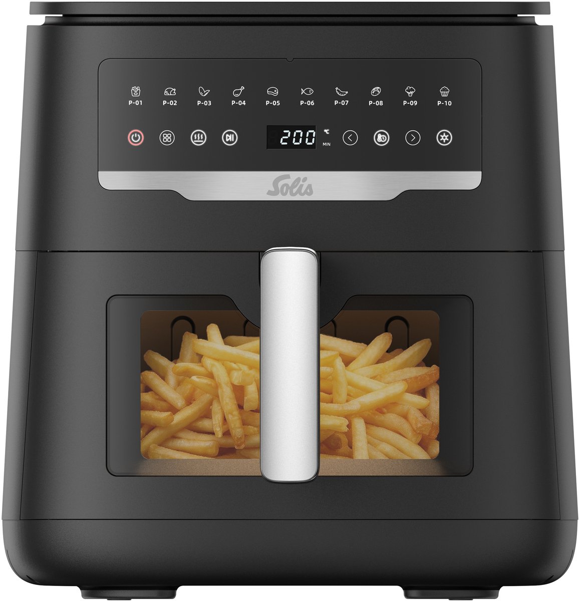 Solis Airfryer Uno - 7L Inhoud - Heteluchtfriteuse met Kijkvenster en Onderwarmte - 10 Programma's - 2200 W - PFAS-vrij - Zwart