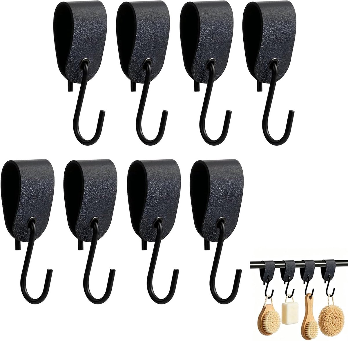 S haak set 8 stuks - zwarte haken met leren lus - multifunctionele ophanghaak - ruimtebesparende organizer - ShopVlot